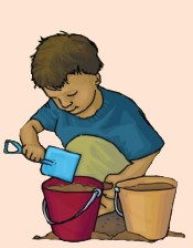 child with sand bucket